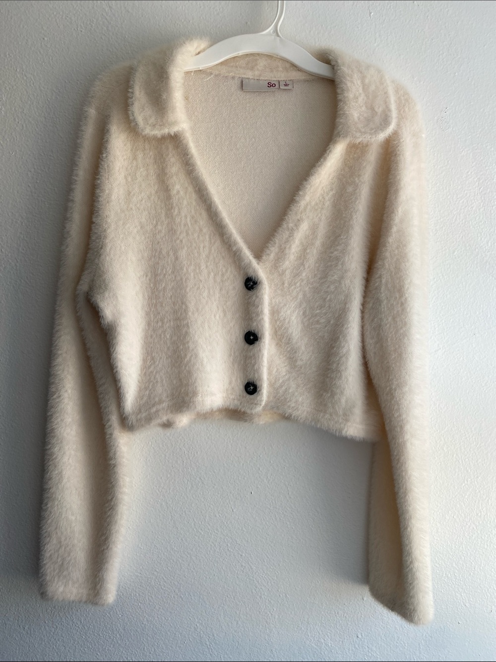 Vintage SO Cream Plush Fluffy Fuzzy Adorable Cropped Button Teddy Sweater